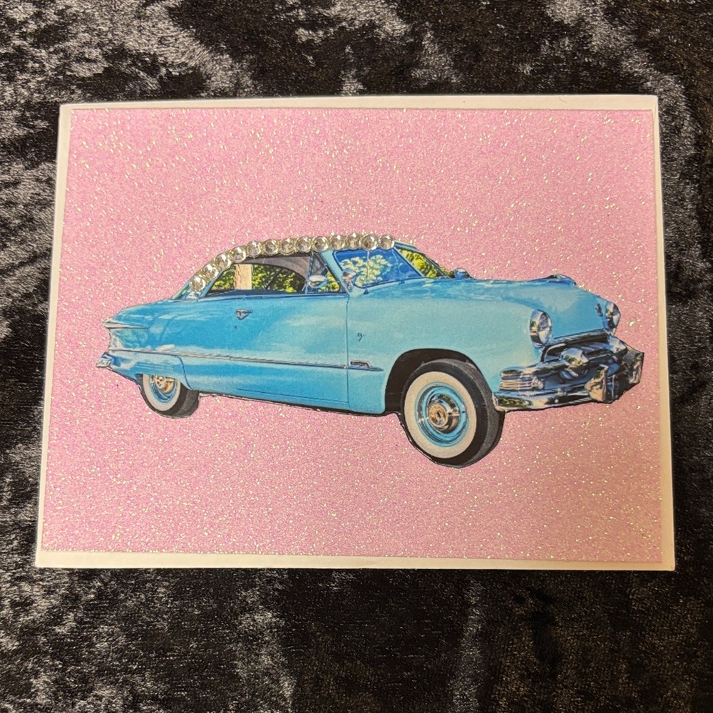 Vintage Blue Car Art Print on Pink Glitter Background
